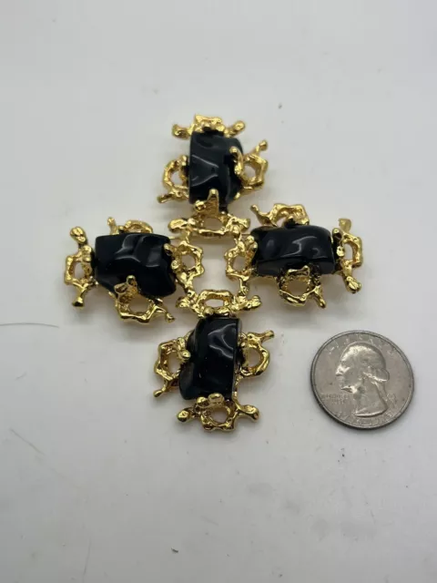 Brutalist Nugget Cross Brooch  IVANA Trump Signed Black Stones Gold Tone VTG A7