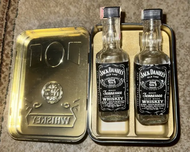 Jack Daniels Vintage 50 ML  Miniature Bottles 2 IN METAL TIN CARLISLE ENGLAND