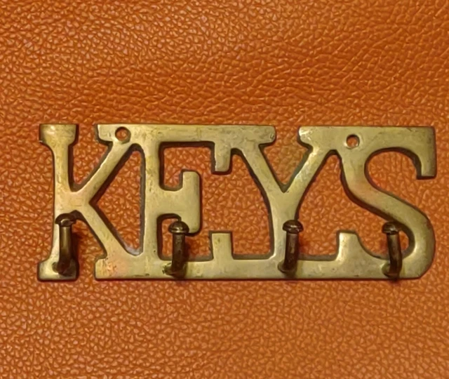 KEYS Shaped Wall Mounted 4 Hook Metal Key Holder Rack Solid Brass Vintage MCM