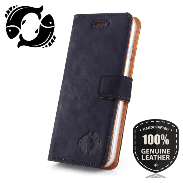 SURAZO Premium Echtes Ledertasche Schutzhülle Wallet Case Flip - Fische Motiv