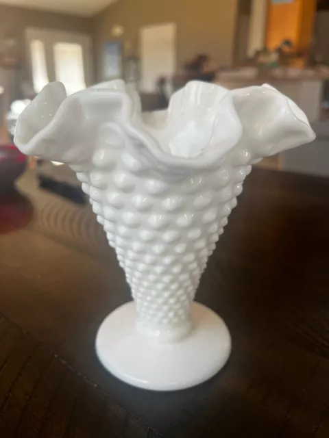 Vintage Fenton Hobnail White Milk Glass Vase Fluted Ruffle Crimped Rim Edge