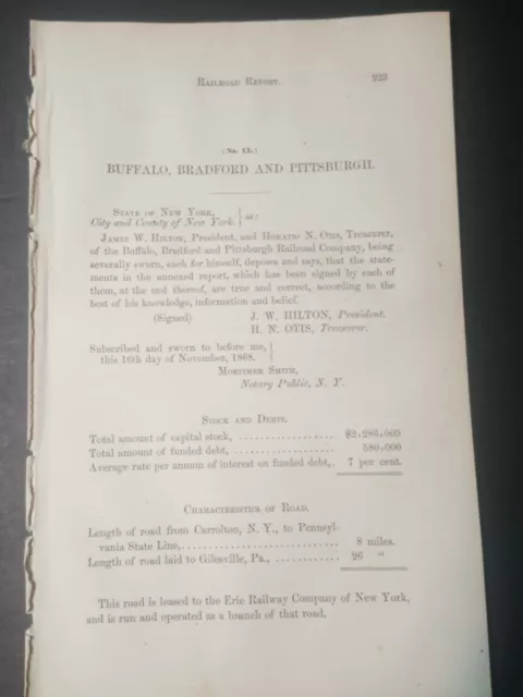 1869 TRAIN DOCUMENT BUFFALO BRADFORD & PITTSBURGH RAILROAD Carrolton ...