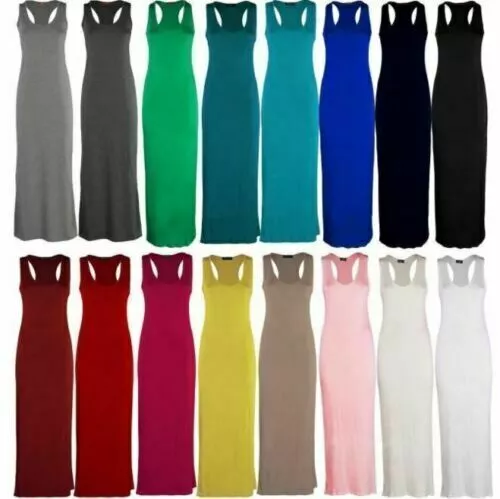 Womens Racer Maxi Dress Jersey Long Summer Muscle Vest Maxi Back Size 8-26