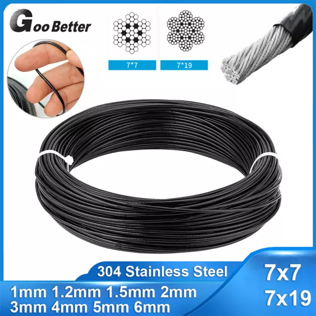 304 Stainless Steel Wire Rope Cable Black PVC Plastic Coated Railing Dia 1 - 6mm