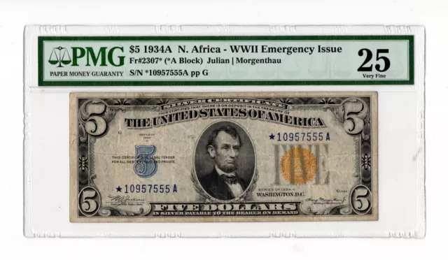 Fr. 2307* $5 1934A North Africa WWII Emergency Issue PMG 25
