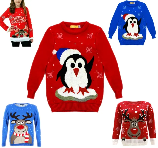 Girls Christmas Jumper Boys Rudolph Reindeer Penguin Xmas Sweater Pullover Pom