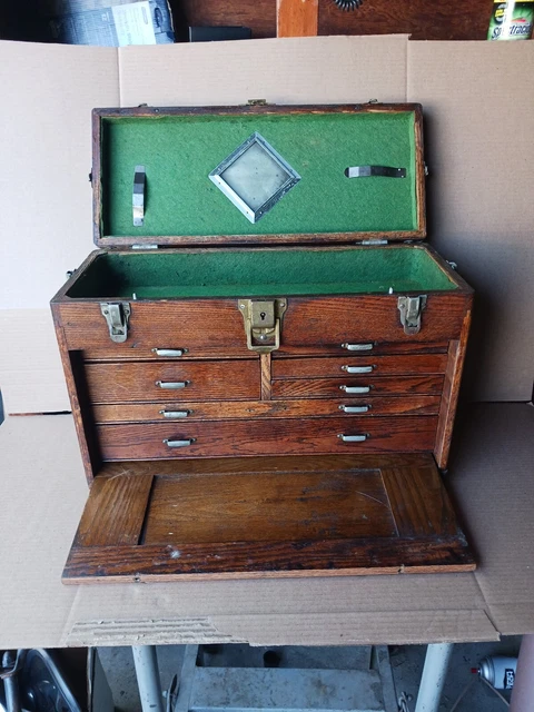 Vintage Oak Wooden Machinist Tool Box Chest W/ 7 Drawers