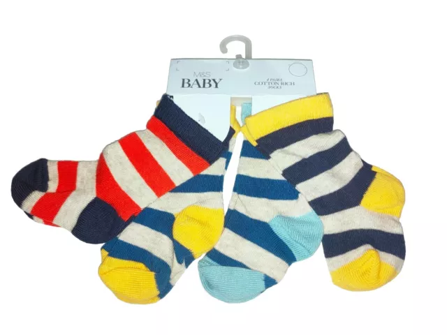 Baby Boys Socks Newborn Up To 2 Years 4 Pairs M&S Cotton Rich Stripey Sizes 0-5 2