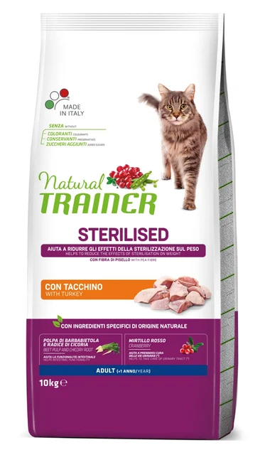 10 Kg Natural Trainer Cibo Secco Gatto Sterilizzato Sterilised Adult tacchino