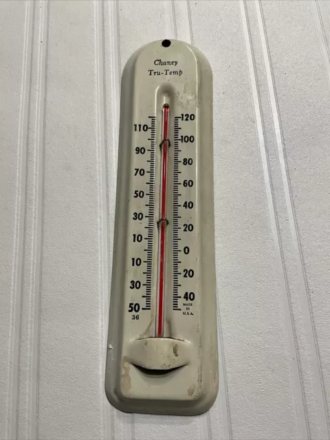 Vintage CHANEY Tru-Temp White Enamel 8” Wall Thermometer Made In USA