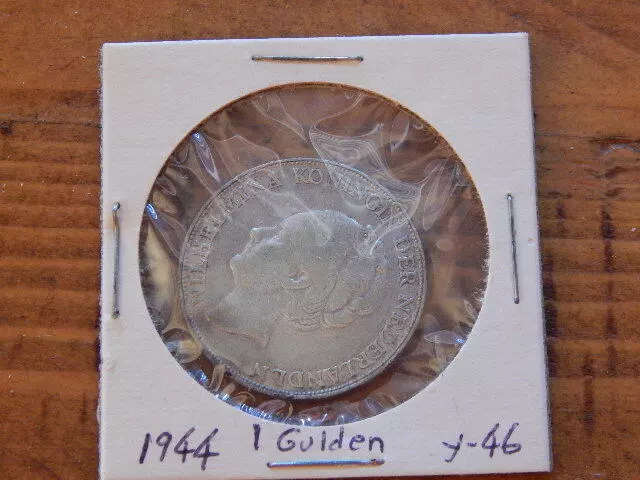 1944 Netherlands 1 Gulden Coin, Silver (.720), Copper (.280), Queen Wilhelmina