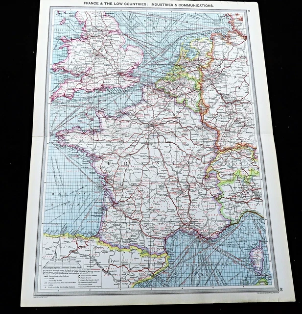 ANTIQUE RAILWAY MAP of France Steamship Lines Routes Communication 1910 
