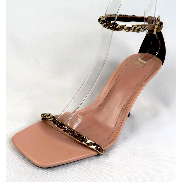 NWT Lt Mauve ZARA Faux Patent Leather Strappy Heeled Sandals w/ Gold Chain Sz 9