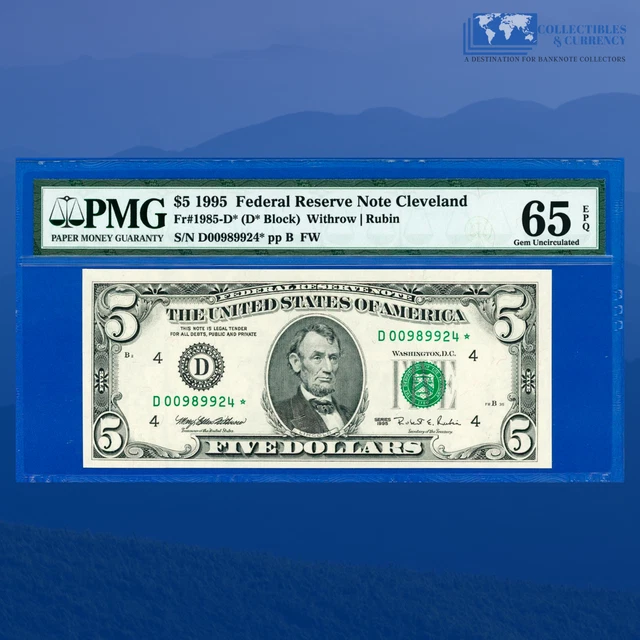 Fr.1985-D* 1995 $5 Five Dollars FRN Cleveland Star Note, PMG 65 EPQ #89924