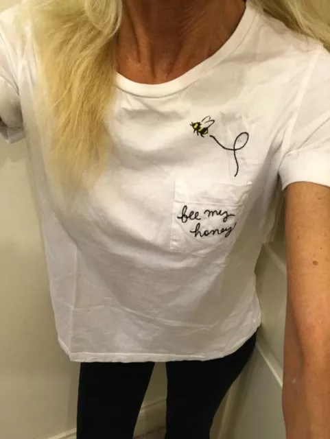 Carina T-shirt in cotone Kate Spade Designer XS bianca ricamata ""Bee My Honey