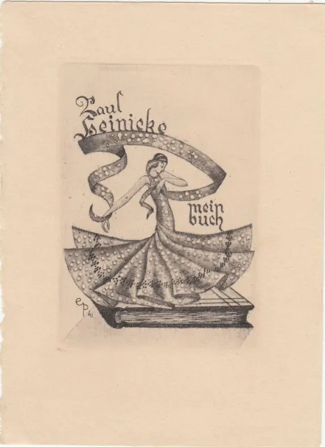 Exlibris Bookplate Radierung Edwarda Przeorska 1900-1965 Frau Buch Tanz