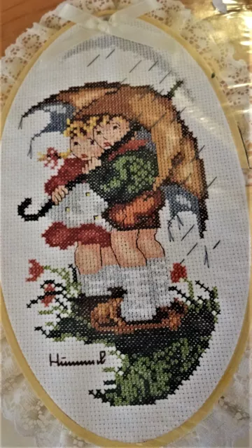 Cross Stitch "Stormy Weather"  M.J. Hummel Kit w/ Wood Hoop 5"X9" w/Lace 1986