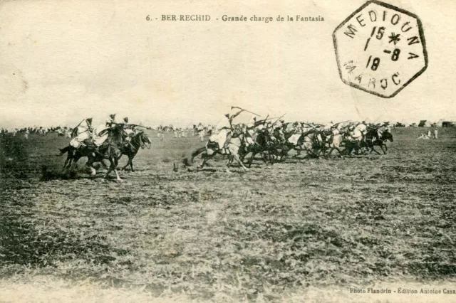 Carte MAROC BER RECHID Grande Charge de la Fantasia Cachet Postal Mediouna