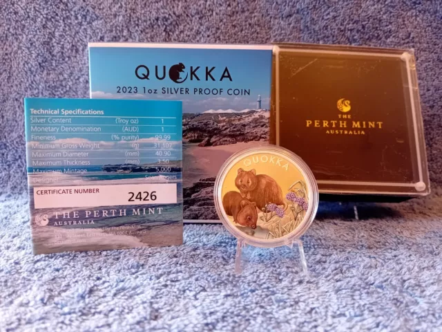 Silbermünze Quokka 1 Oz - 2023 - Proof - PP - COA - Farbe - Color