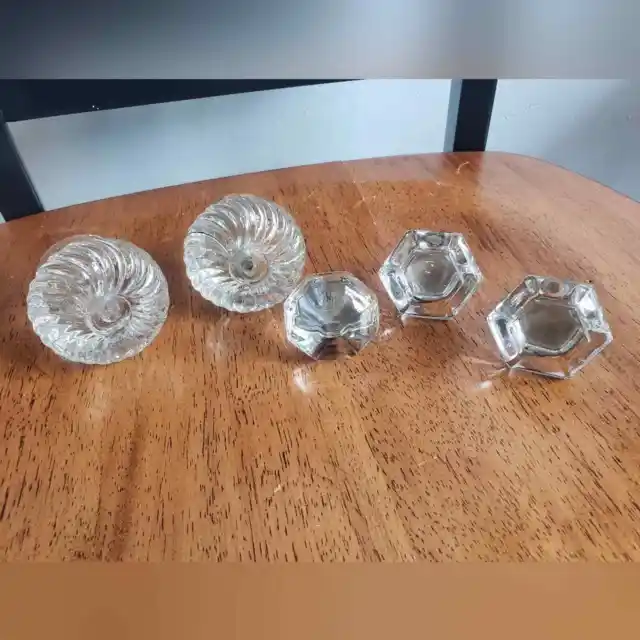 Lot of 5 vintage clear glass knobs drawer pulls round hexagon octagon brass base