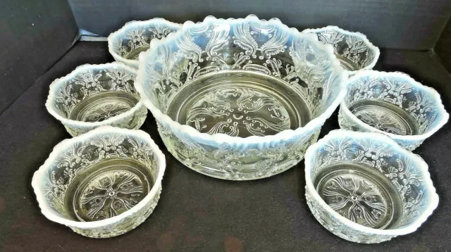 Vintage JEFFERSON GLASS BERRY BOWL SET White Opalescent  #251 Idyll  7 Bowls