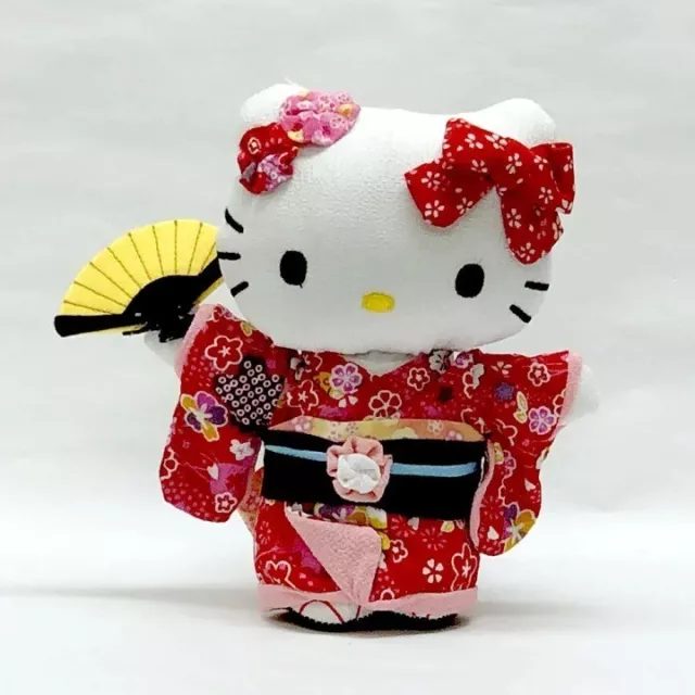 Sanrio Hello Kitty Sakura (cherry Blossom) Red Kimono Fan Standing Plush Crepe