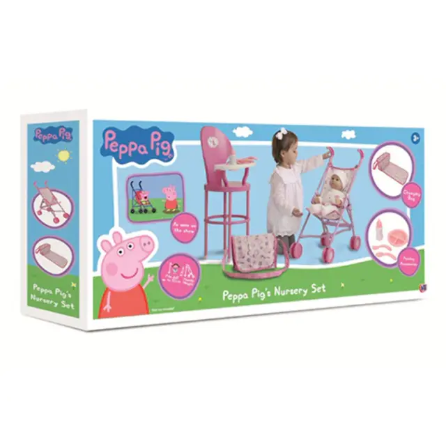 Pacchetto set gioco asilo nido Peppa Pig con passeggino seggiolone fascia borsa età 3+