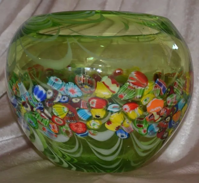 Huge Green Millefiori Vase Bowl Centerpiece Sculpture Murano Italy Italian