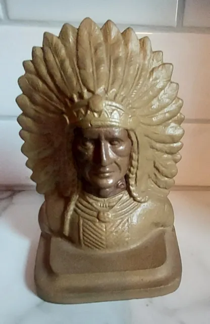 Antique Cast Iron Native American Chief Bookend In Very Good Original Finish