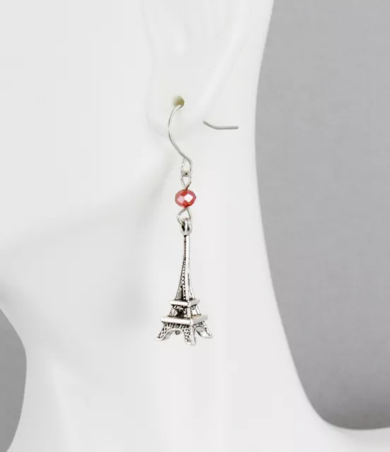 silver tone La Tour Eiffel Tower dangle 1 5/8" long earrings Paris France travel