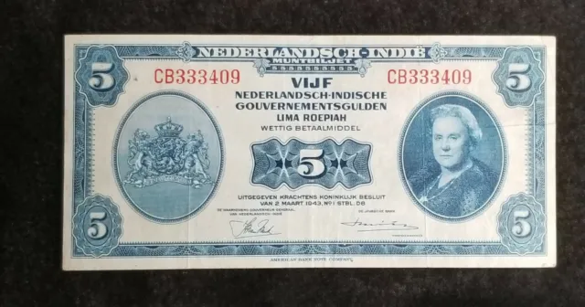 Netherlands Indies 5 Gulden 1943 ABNC Indonesia Pick 113a Price only for 1 note