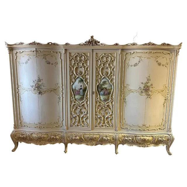 Monumental Hand Painted Italian Venetian Armoire with Mirror, circa 1940