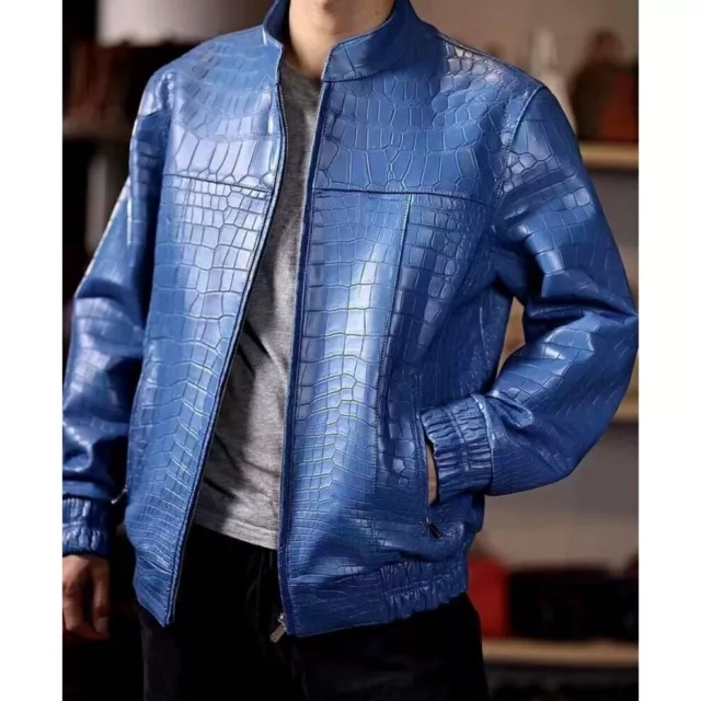 Abez Men's Blue Crocodile Embossed Bomber Motorcycle Alligator Print Jacket