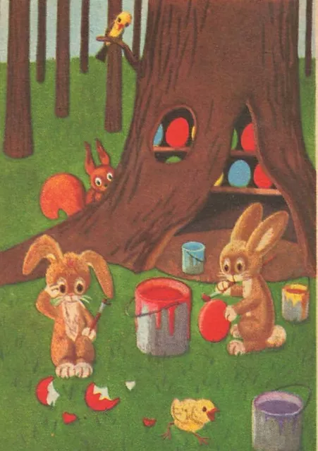 Vintage Humanized Sad Rabbits Painting Eggs Tree Squirrel Easter P263