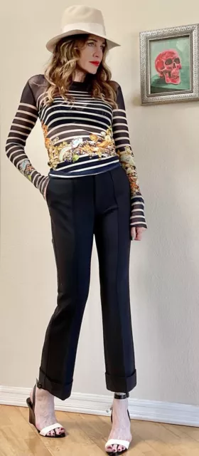 Jean Paul Gaultier Soleil Fuzzi Sheer Mesh Striped Long Sleeve Top S