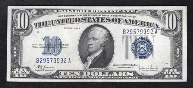 1934-C $10 Ten Dollars Silver Certificate Currency Note About Uncirculated