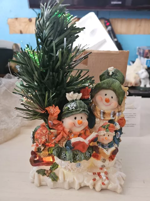 Vintage Snowmen Fiber Optic Resin 11" Christmas 🎄 Lighted Tree 🎄 Original Box