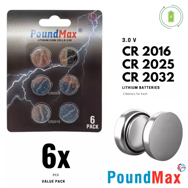 6 X PoundMax Super Mixed CR2032 CR2025 CR2016 3V Lithium Coin Cell Battery