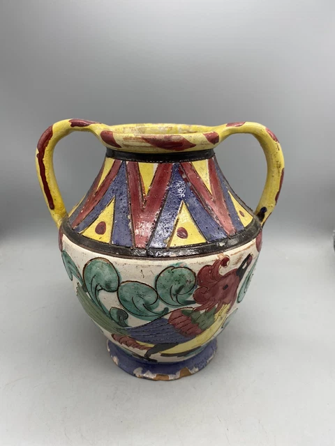 Vintage Italian Italy Majolica Faience Pottery Sgraffito Vase Sgn Cellini