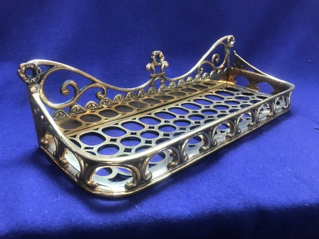Antique Vintage Brass Signed Brush & Comb Rack Bathroom Wall Shelf Victorian