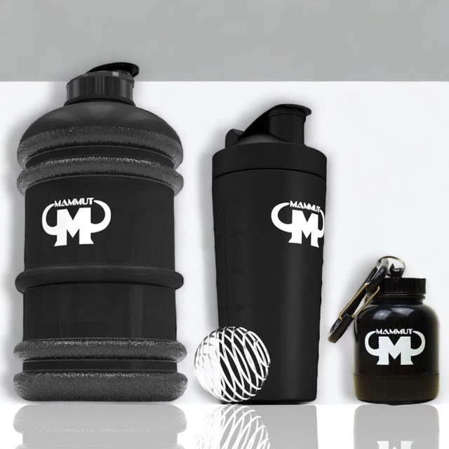 Mammut Water Gallone + Edelstahlshaker Schwarz + Powderbank für Kapseln u Pulver