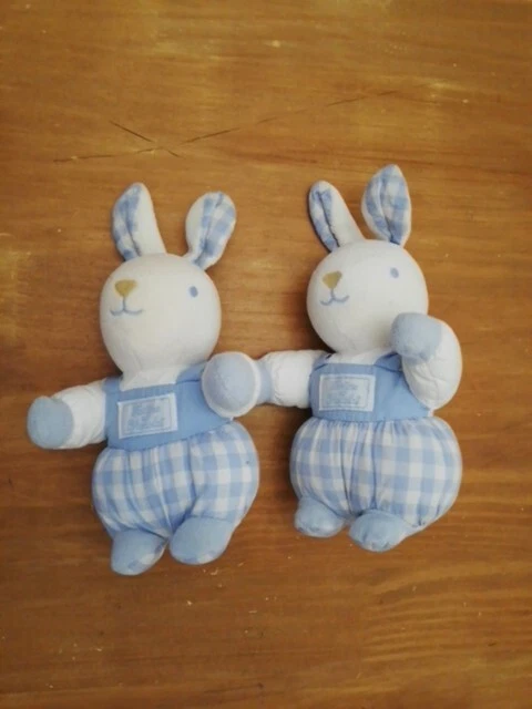 Lot 2 Doudou Peluche Tartine Et Chocolat Lapin Blanc Vichy Bleu Salopette