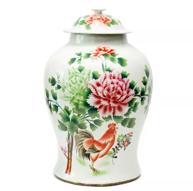 Chinese Hand Painted Porcelain Lidded Vase Flowers Rooster Calligraphy