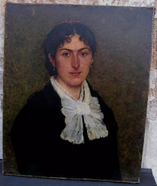 Antique French Large Oil on Canvas Painting Woman Portrait Late 19th Century 3