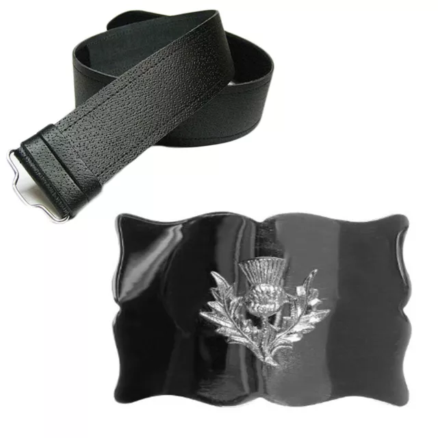 New Mens Leather Grained Kilt Belt & Thistle Scalloped Buckle - Choose Size