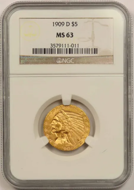 1909-D $5 NGC MS 63 Indian Head Gold Half Eagle