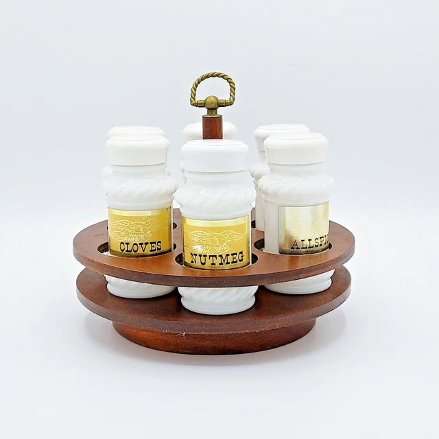 Vintage MCM Milk Glass Spice Jars 6 in Wood Holder Cape Craft Vintage MCM Milk Glass Spice Jars 6 in Wood Holder Cape Craft
