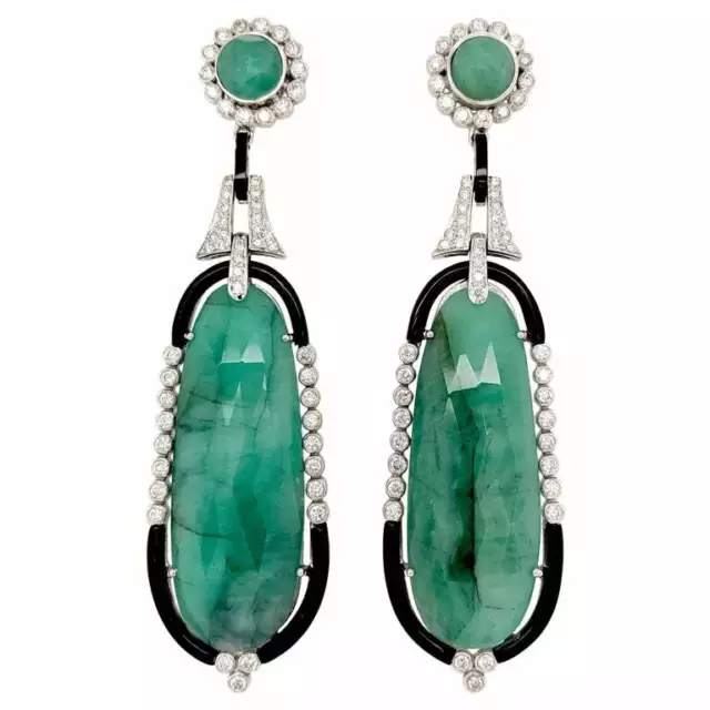 Art Deco Style Unique Green 53.13CT Emerald, White CZ and Black Onyx Earrings