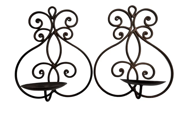Vintage Set of 2 Scrolled Wrought Iron Candle Holder Wall Sconce Copper Colored