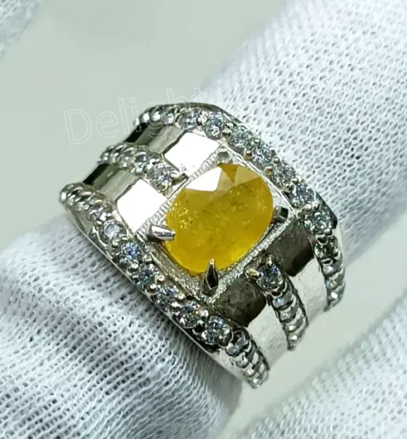 Natural AAA+ Yellow Sapphire Men's Ring Sterling 925 Silver Engagement Jewellery